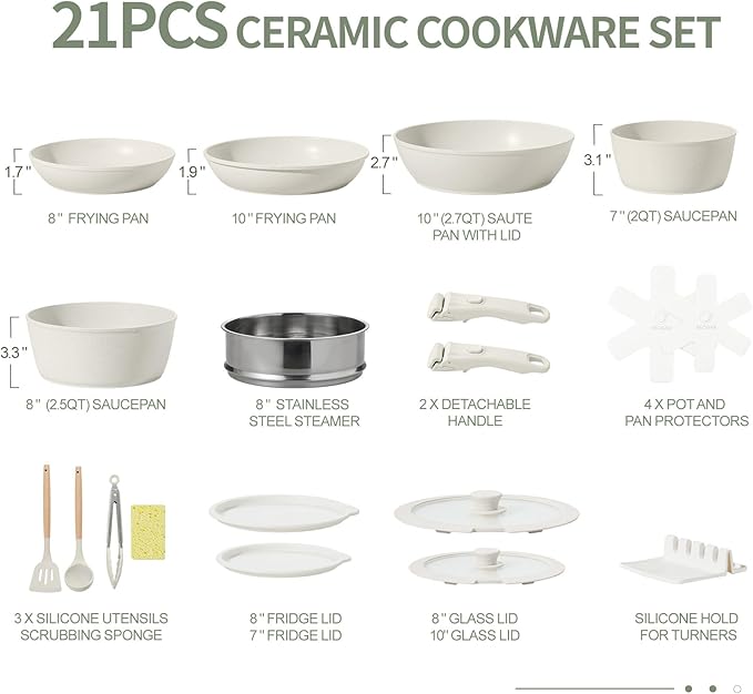 Nonstick Ceramic Cookware Set 21PCS with Detachable Handle Pans and Pots Set RV Kitchen Set Cookware Set with Removable Handles Oven Safe Induction Ready Stackable Non-stick Set