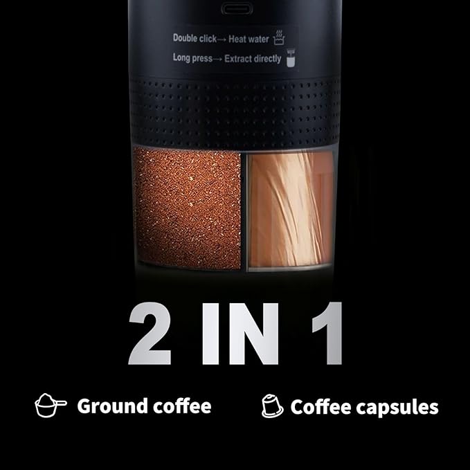 Portable Coffee Maker Espresso Travel Machine – Self-Heating Electric Espresso Maker Compatible with Ground Coffee Ideal for Travel Camping Office