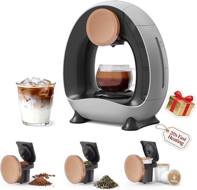 3 in 1 Single Serve Coffee Maker for K Cup Ground and Tea Leaves Grey Mini K Cup Coffee Brewer with One Button Operation1400W 20s Fast HeatingSmall Spaces for Bedroom/Dorms/Office/Kitchen