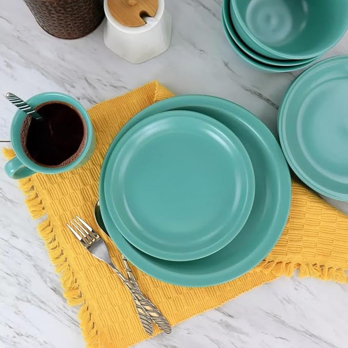 16 Piece Green Stoneware Dinnerware Set – Modern Dinner Plates Bowls and Mugs Durable Dishwasher &amp Microwave Safe Tableware for 4