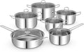 GOFLAME 12 Piece Pots &amp Pans Set Stainless Steel Cookware Set with Tempered Glass Lids Handles &amp 3-Ply Base 4 Stockpots 1 Frying Pan &amp 1 Sauce Pan for Stovetop Induction Halogen
