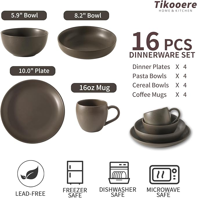 Dinnerware Sets Stoneware Plates and Bowls Sets Farmhouse 16 Piece Dish Set for 4 Ceramic Plates Set with Mugs for Kitchen Scratch Resistant Dishwasher &amp Microwave Safe Matte Black
