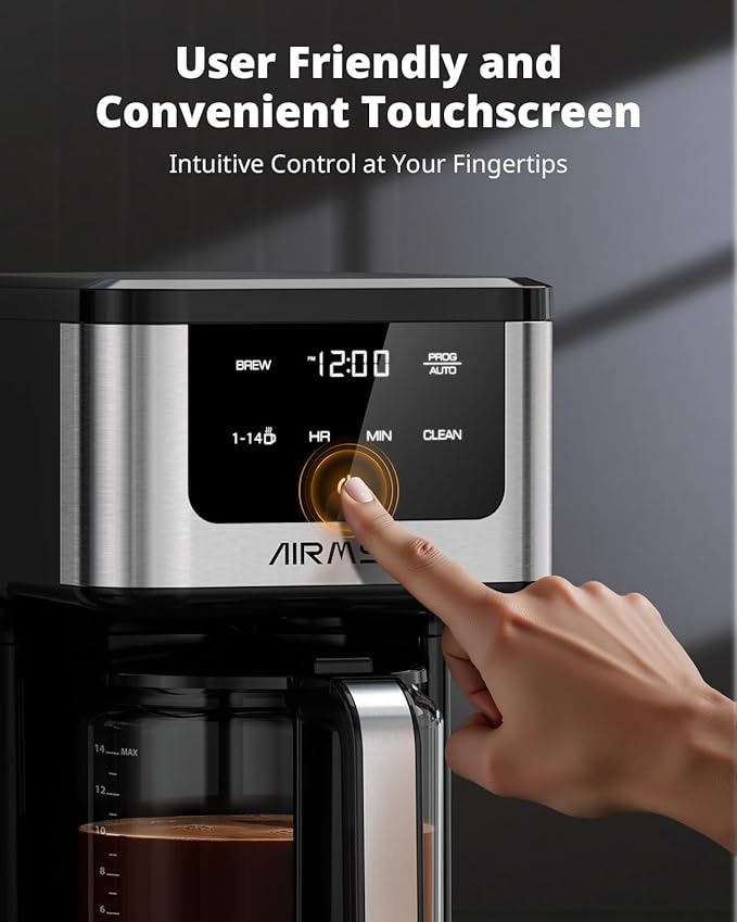 AIRMSEN 14-Cup Programmable Drip Coffee Maker – 1000W Fast Brewing Coffee Machine with Timer Delay Start &amp 2H Keep-Warm 73oz Tank Touchscreen &amp Glass Carafe – Perfect for Home &amp Office