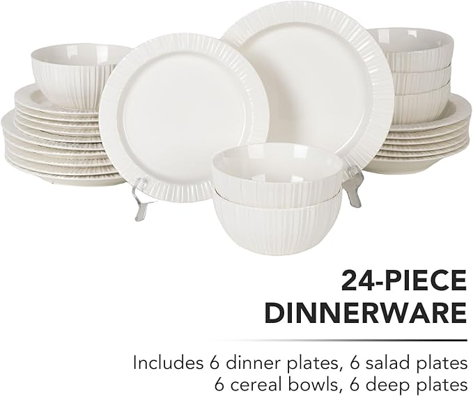 24-Piece White Ceramic Dinnerware Set - Rhine Series Service for 6 Includes Bowls Flat &amp Deep Plates Microwave &amp Dishwasher Safe
