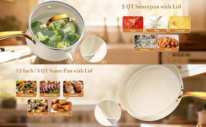 PekGema Ceramic Cookware Set 15-Pieces Pots and Pans Set Non Stick Oven Safe Non Toxic Kitchen Cookware Set PFOA PTFE FREE Gold White