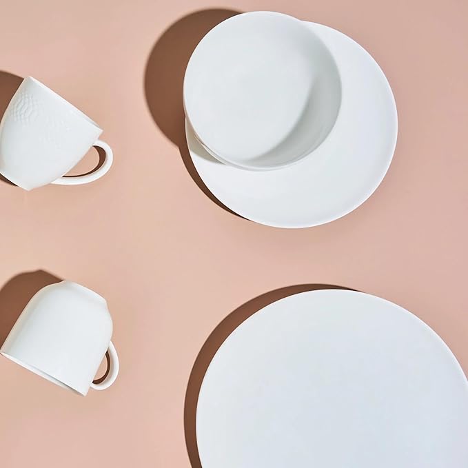 Anders and White 'Coupe' - White Vegan Friendly Bone China Dinner Set. 12 Pieces Dinnerware Set. Contains 4X Dinner Plates Side Plates and Bowls.