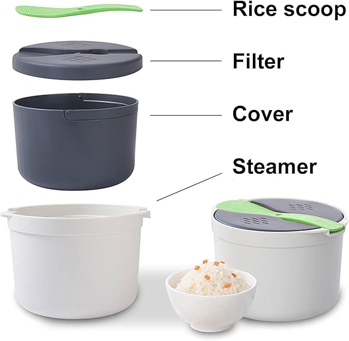 Microwave Rice Cooker 2-Layer Microwave Vegetable Steamer Non-Stick 2L Rice Steamer &amp Pasta Cooker with Strainer Dishwasher Safe Microwave Steamer for Pasta Potatoes Vegetables(Green)