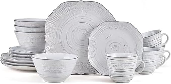 Pfaltzgraff Isabella 16-Piece Stoneware Dinnerware Set Service for 4 - Handpainted Unique Glazed Finish - Includes Dinner Plates Salad Plates Bowls Mugs - Dishwasher &amp Microwave Safe (Gray)