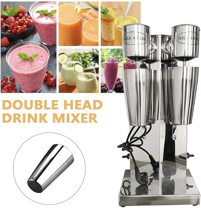 Double Head Milkshake Maker Machine 110V Electric Beverage Blender with 2 Stainless Steel Cups &amp PP Cups 2 Speed Adjustable Commercial Milkshake Machine for Protein Shakes Cocktails
