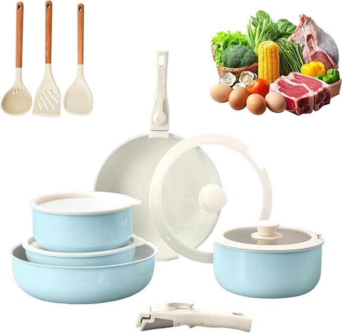 Cookware Set 5/11 Piece Utensils Cookware Set Removable Handle Stackable Nonstick Cooking Set for Kitchen With All Stovetops for Kitchen (Blue 5PCS)