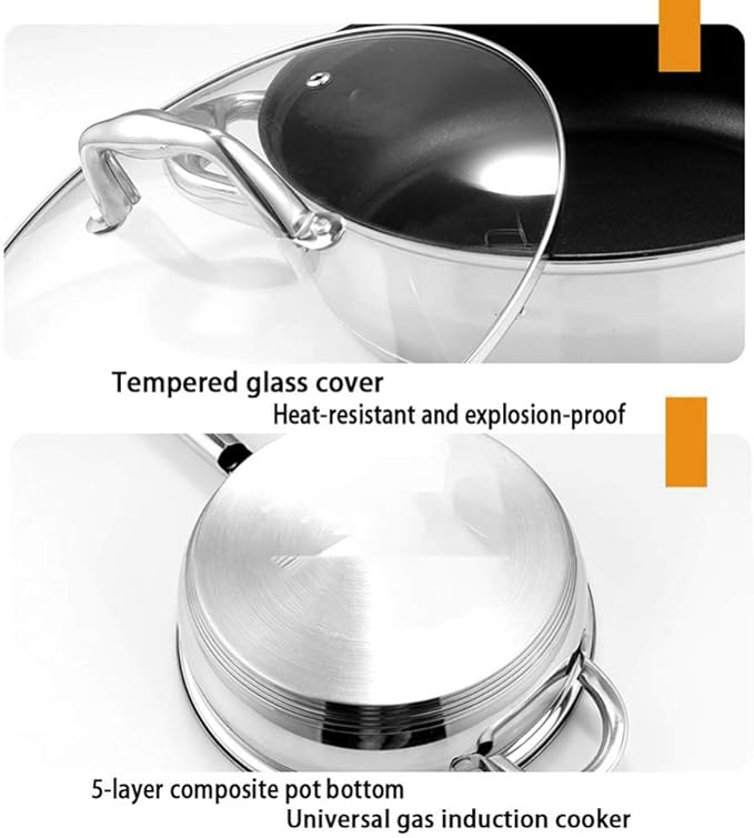 Cookware-Set 5-PieceCooking Pot SetMade of Stainless Steelwith Glass-LidsAll Types of Cookers Induction（Steamer Soup Pot Frying Pan Hot Milk Pot Teapot） Saucepans Sets