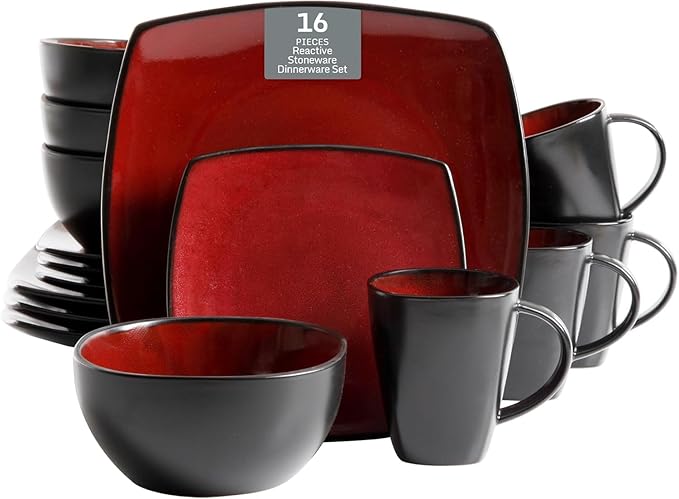 Square Dinnerware Set for 4 – 16-Piece Reactive Glaze Stoneware Dishes in Red Grey &amp White – Modern Microwave &amp Dishwasher Safe Plates Bowls &amp Mugs (Red)