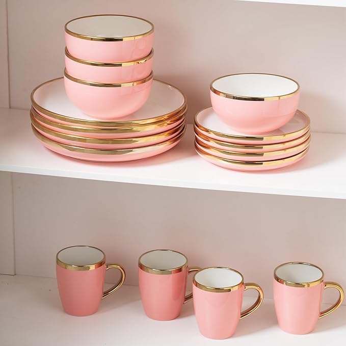 Stoneware Tableware Set for 4 Ceramic Dinnerware Sets with Gold Trim Including 10.5 Dinner Plates 7.75 Dessert Plates 6 Dinner Plates and 14oz Coffee Cups Porcelain (Pink Glod)