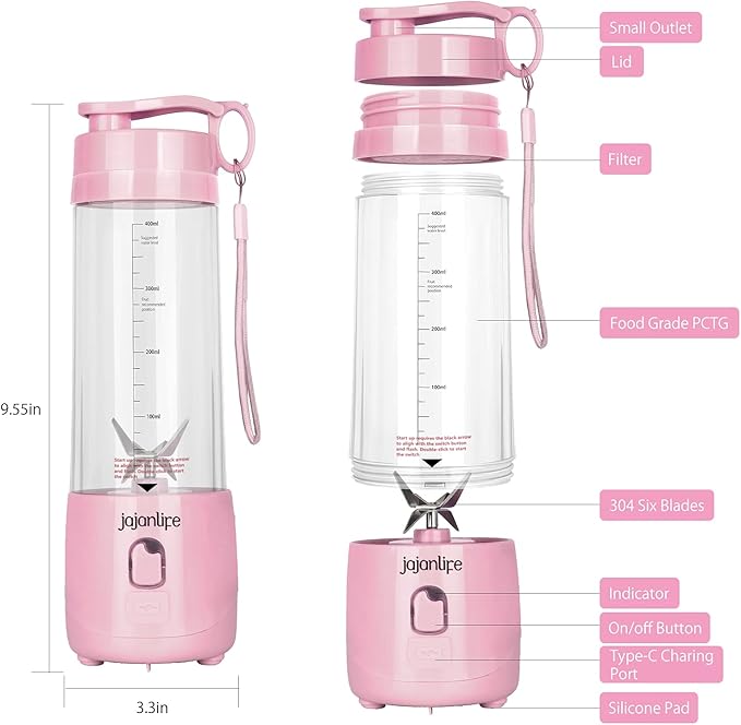 Portable Blender Personal Size Blender for Shakes and Smoothies 4000mAh Rechargeable Mini Travel Blender with 3D Six Blades 13.5Oz Fruit Mixer Cup for Home Sports Outdoor (Pink)