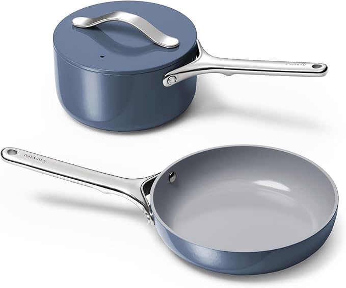 Caraway Mini Cookware Set - Non-Stick Ceramic Fry Pan (1.05 qt 8) Sauce Pan (1.75 qt) &amp Storage Rack - Non Toxic PTFE &amp PFOA Free - Oven Safe &amp Stovetop Agnostic (Gas Electric &amp In