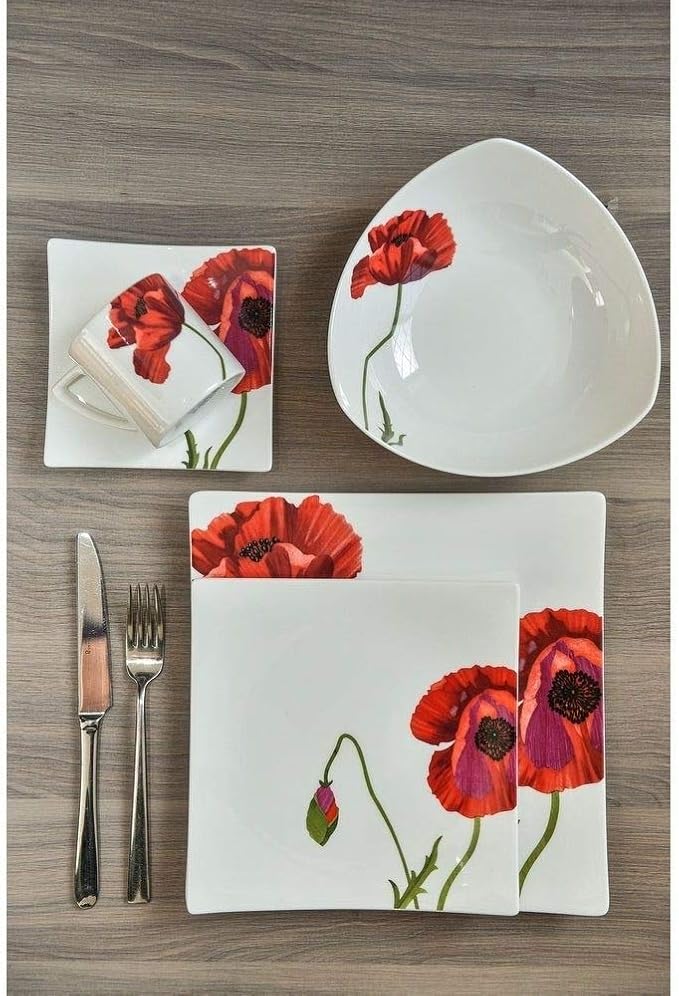 TRP 16 Piece Bone China Floral Dinnerware Set Red All Seasons Blooming Square Plates Bowls Mugs - Dinnerware Set for 4