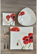 TRP 16 Piece Bone China Floral Dinnerware Set Red All Seasons Blooming Square Plates Bowls Mugs - Dinnerware Set for 4