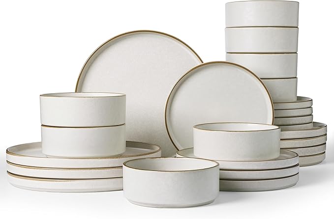 Famiware Nebula Plates and Bowls Sets 24 Pieces Stoneware Dinnerware Sets Reactive Glaze Dish Set Dishes Set for 8 Matte Beige White with Brown Rim