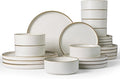 Famiware Nebula Plates and Bowls Sets 24 Pieces Stoneware Dinnerware Sets Reactive Glaze Dish Set Dishes Set for 8 Matte Beige White with Brown Rim