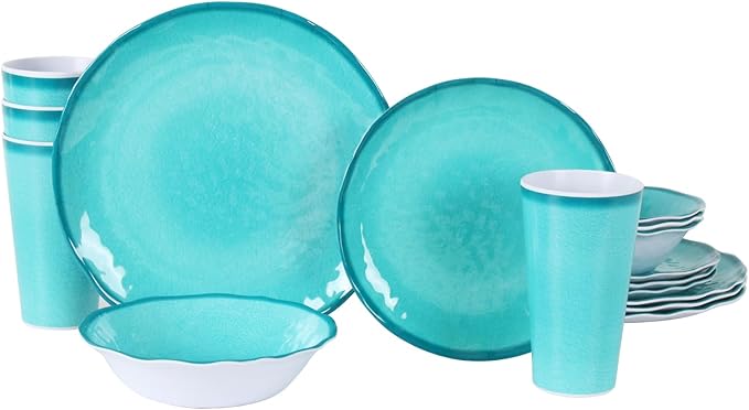 Melamine Dinnerware Set for 4-16 Pcs:Camping Dishes Set with Dinner PlatesSalad PlatesBowls and Cups.Lightweight and Unbreakable.Indoor and Outdoor Use.
