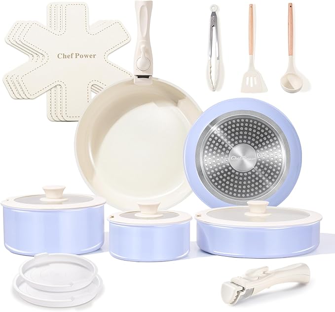 Chef Power Ceramic Nonstick Pots and Pans Set 19 Piece with Detachable Handle Induction Dishwasher Oven Safe Cookware Set RV Kitchen Set Removable Handle (Light Purple)