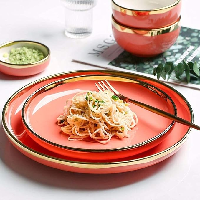 Dinner Set for Luxury Restaurant and Home Ceramics Dinner Sets Plate/Bowl/Spoon | 26 Pieces Phnom Penh Dinnerware Set - Porcelain Combination SetRed-