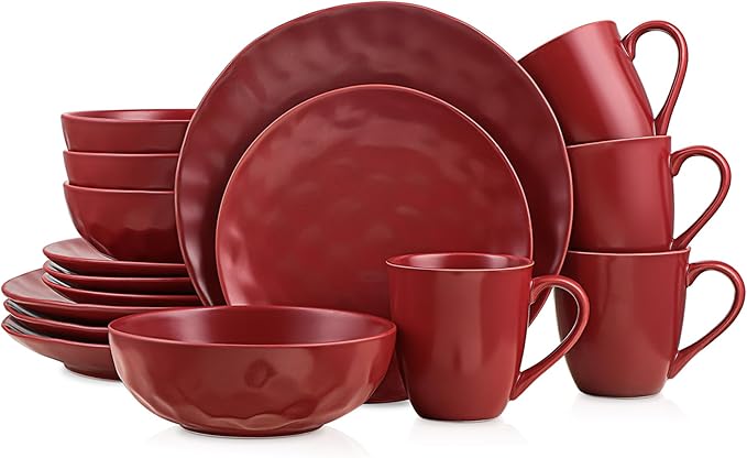 Stone Lain Sam Porcelain16 Piece Dinnerware Set Home Kitchen Dish Set with Dinner Plates Salad Plates Bowls &amp Mugs - Service for 4 Red