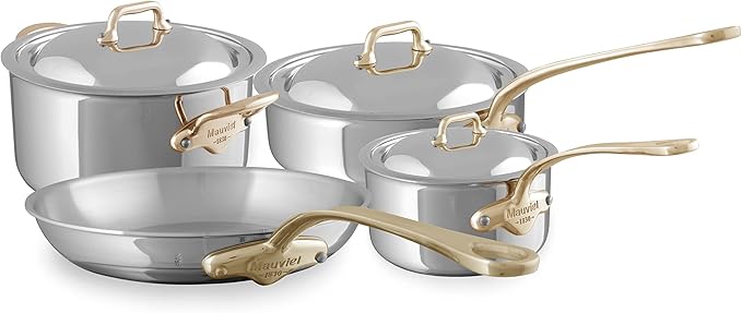 Mauviel M'Cook B 5-Ply Polished Stainless Steel 7-Piece Cookware Set With Brass Handles Made In France