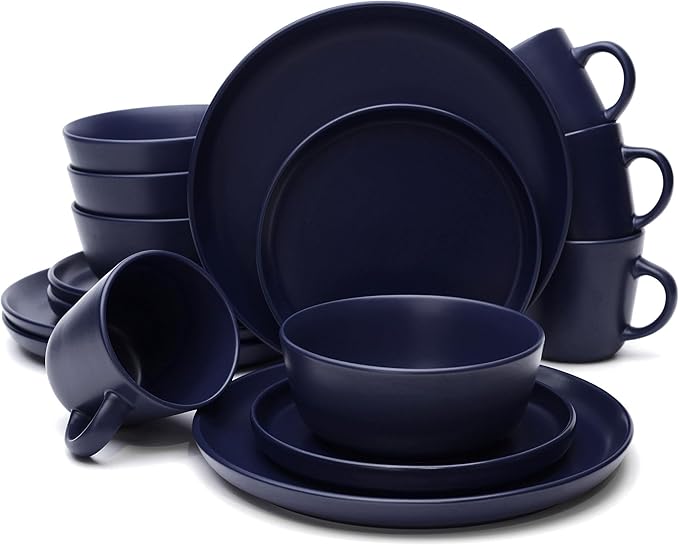 MÜLLERHEIM 903 Minimalist Collection 16-Piece Contemporary Ceramic Stoneware Dinnerware Sets for 4 Blueberry Plates and Bowls sets Dinner Plates Set Salad Dish Set Bowls Cup