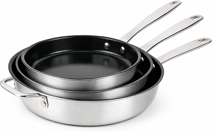 Alva Maestro Ceramic Nonstick Frying Pan Set 3-Piece Stainless Steel Skillet Set PFAS-Free 5-Ply Induction Compatible Oven Safe to 400°F 8 Inch 9.5 Inch &amp 11 Inch Fry Pans