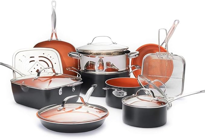 12/15 Pc Ceramic Pots and Pans Set Non Stick Kitchen Cookware Sets Ceramic Cookware Set12 Pc Set Cream-15 Pc Set - Copper-A