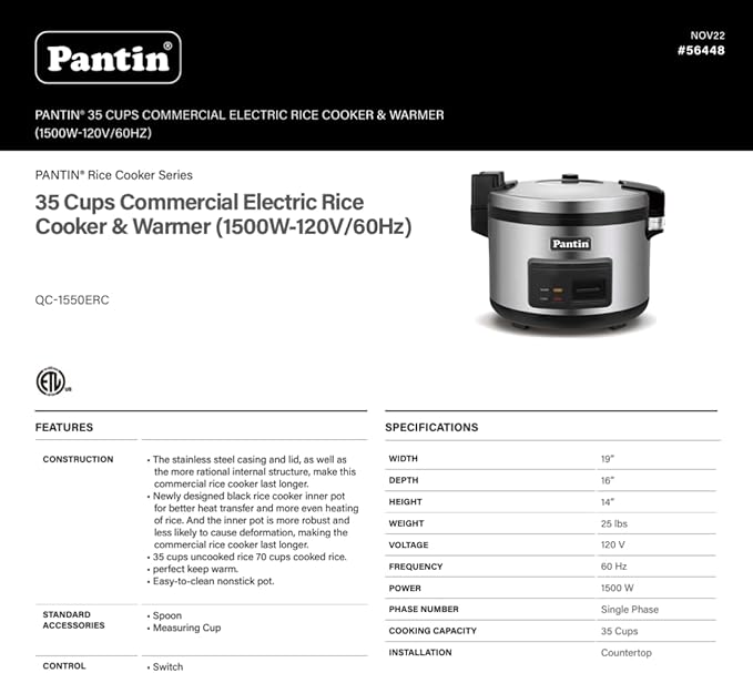 Pantin Commercial Rice Cooker &amp Warmer - 35 Cups Uncooked / 70 Cups Cooked Extra Large Capacity Rice Cooker with Nonstick Inner Pot &amp Switch Press 120V/1500W ETL Listed