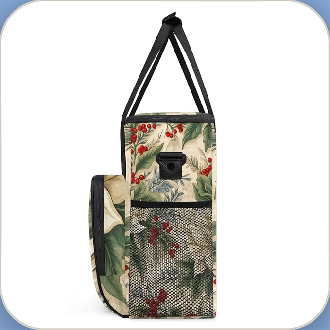 Holly Berry Flowers Coffee Maker Carrying Bag Retro Flowers Travel Storage Bag Compatible with K-Mini or K-Mini Plus Single Serve Coffee Brewer Carrying Case with Multiple Pockets &amp Shoulder Str