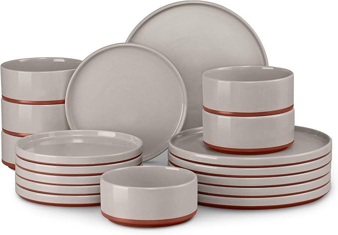 LIANYU 18 Piece Dinnerware Sets for 6 Modern Style Stoneware Dinnerware Set Scratch Resistant Dishwasher Safe Bowl and Plate Sets Ceramic Dish Dinner Set Terra Brown