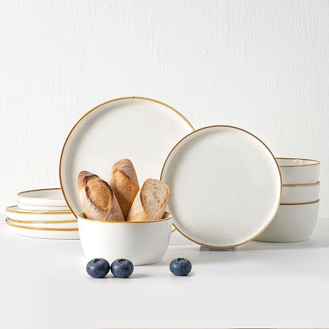 Yachi Plates and Bowls Sets 12 Pieces Modern Style Porcelain Dinnerware Set for 4 Kitchen Dinner Set Ceramic Lightweight Dishware Dishes Set Microwave and Dishwasher SafeWhite Reactive Series