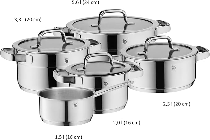 WMF Compact Cuisine 5-Piece Induction Saucepan Set with Glass Lid Polished Cromargan Stainless Steel Induction Pots Set Uncoated Inner Scale