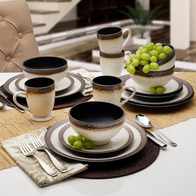 Gourmet Basics by Mikasa Sorrento 16-Piece Dinnerware Set - Service for 4 Dishwasher Safe Stoneware with Raised Grid Design - Casual &amp Stylish for Everyday Use or Formal Dining Ceramic Dish Set