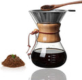 Wood Neck Pour Over Coffee Maker with Stainless Steel Filter 800ml(27oz) Glass Coffee Pot Drip Coffee Brewer for Home Cafe Camping Gift - Permanent Reusable Filter No Paper Needed(800ml)