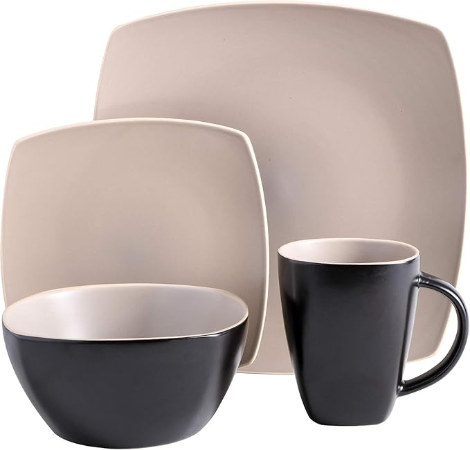 16-Piece Square Stoneware Dinnerware Set – Matte Taupe &amp Gray Modern Plates Bowls &amp Mugs Microwave &amp Dishwasher Safe
