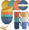 Wrova wheat straw bowls and plates sets with 16oz mugs - unbreakable dinnerware sets of 22 - Vibrant Series