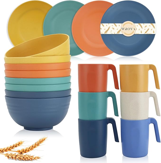 Wrova wheat straw bowls and plates sets with 16oz mugs - unbreakable dinnerware sets of 22 - Vibrant Series