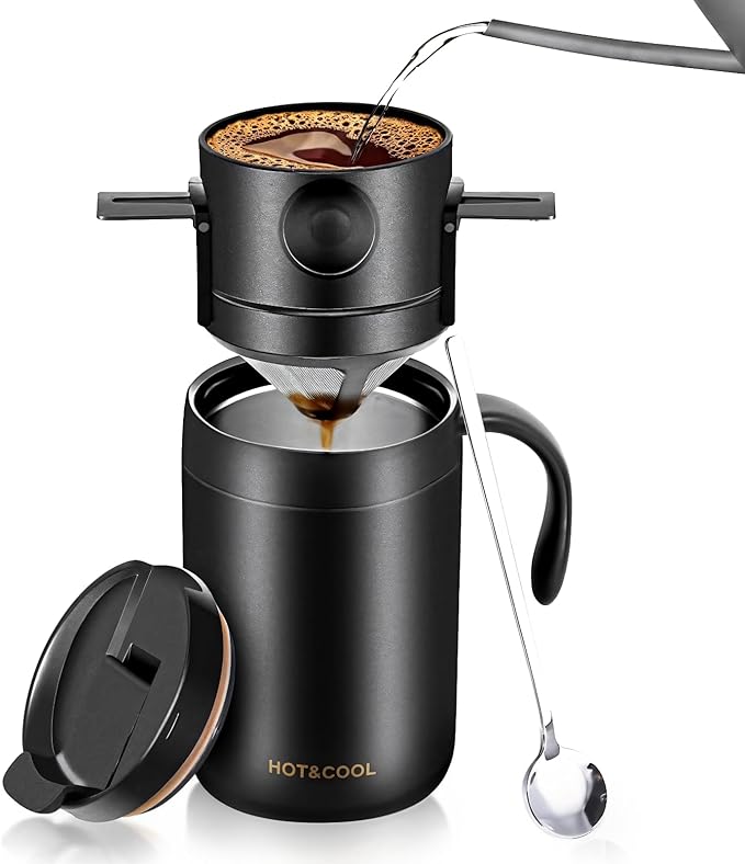 16 oz Camping Pour Over Coffee Maker Set Portable Coffee Kit with Foldable Stainless Steel Filter Insulated Mug and Spoon Coffee Dripper Set for Travel Backpacking Office Home