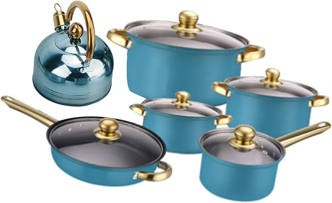 Frying Pan Stainless Steel Cookware Set Pots and Pans Set Kitchen Cooking Set with Stockpots Saucepan Saute Pan Frying Pan 3L Tea Kettle Gold Handles Glass Lids (Blue)