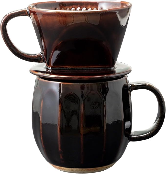 Asayu Japan Ceramic Coffee Pour Over Maker Set in Chocolate Brown Slow Brewing Paper Filter Holder and Dripper with 3 Holes for Coffee and Tea (Complete 2PCS Set)