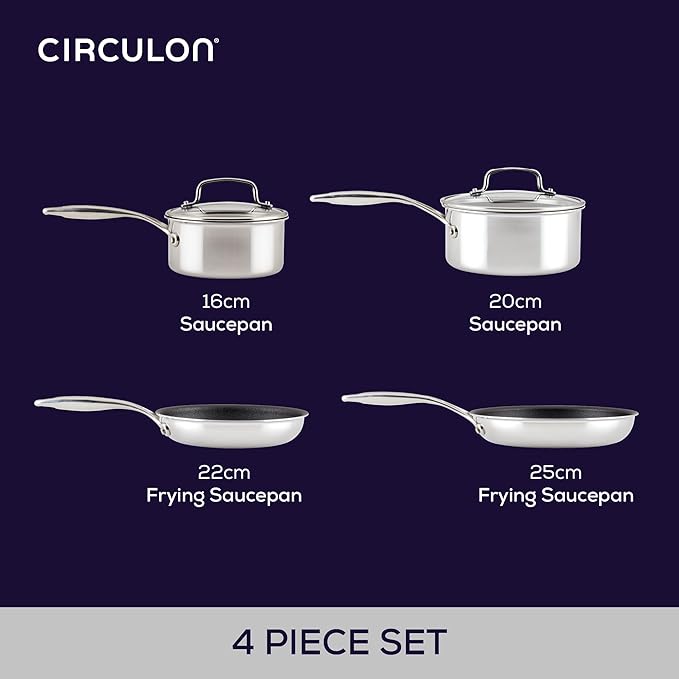 Circulon Scratch Defense Stainless Steel Pan Set: 4 Piece Induction Hob Frying Pans and Saucepans Set with Extreme Non Stick Induction &amp All Hob Suitable