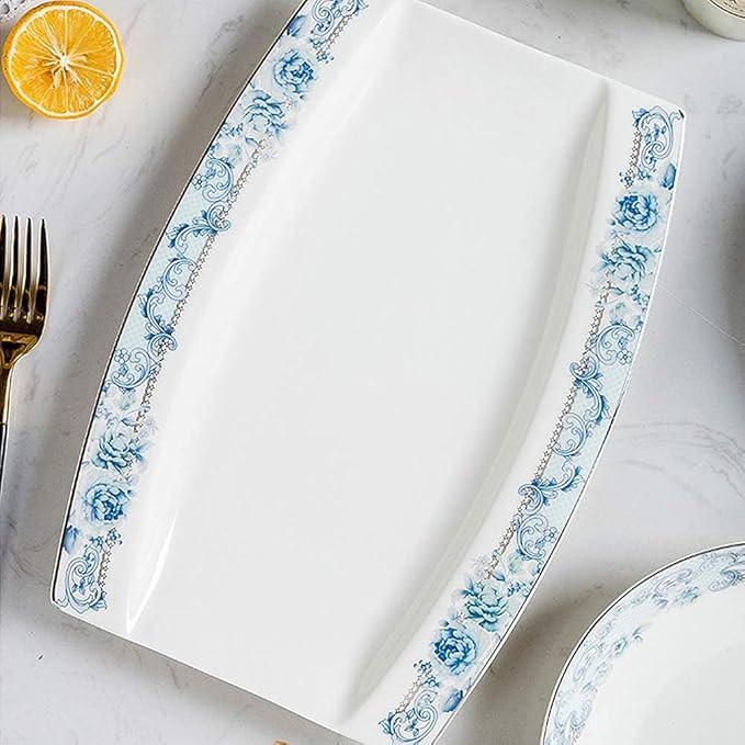 65 pcs Dinnerware Set Serves for 10 People Line Drawing Decoration Bone China Tableware SetPremium Quality Porcelain Dishes/Plate/BowlDishwasher &amp Microwave SafeBlue (60pcs Serves for 10 Peopl