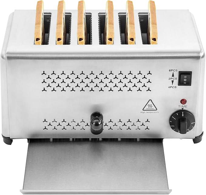 6-Slice Stainless Steel Bread Baking Machine 3-Loaf Horizontal Toaster Oven with Timer &amp Crumb Tray Countertop Bakery Maker for Home Kitchen Bagel Reheat Warm Keep-Cool Handle 110V