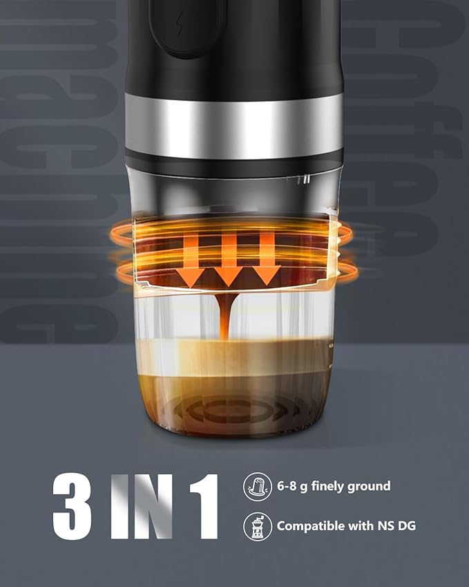Portable Espresso Machine 3Minute Auto Heat12V Rechargeable Electri Coffee Maker 20 BaCompatible with NS DG Capsules and GroundCoffee for Camping Travelling RVing HikingandOffice (‌Charcoal black)
