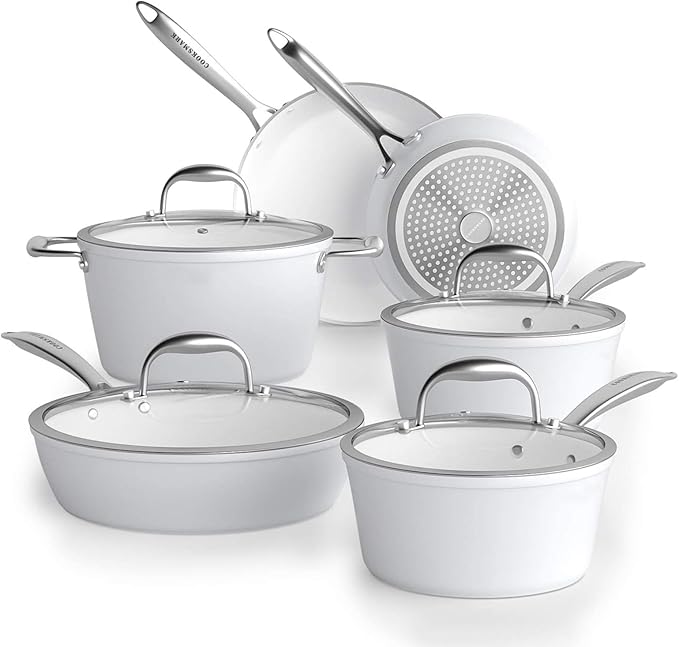 COOKSMARK Nonstick Ceramic Cookware Set Induction &amp Dishwasher Safe Scratch-Resistant Pots and Pans Set with Glass Lids 10 Pieces White