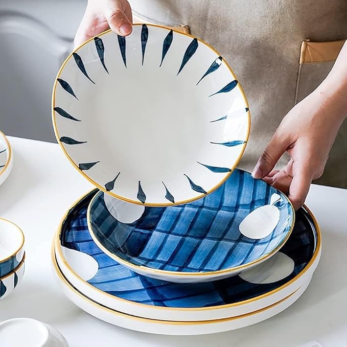 52 Pcs Japanese Table Dinnerware Set Ceramics Dinnerware Sets Plates Bowls Simple Stripes Ideal For Weddings And Steaks Plate Set